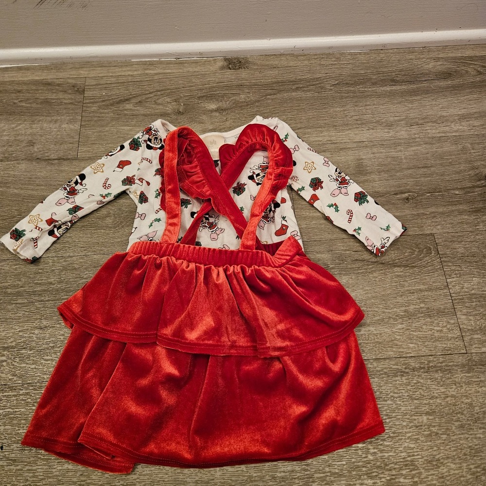 Disney Baby Minnie Mouse Christmas red velvet suspender skirt and long-sleeve 12